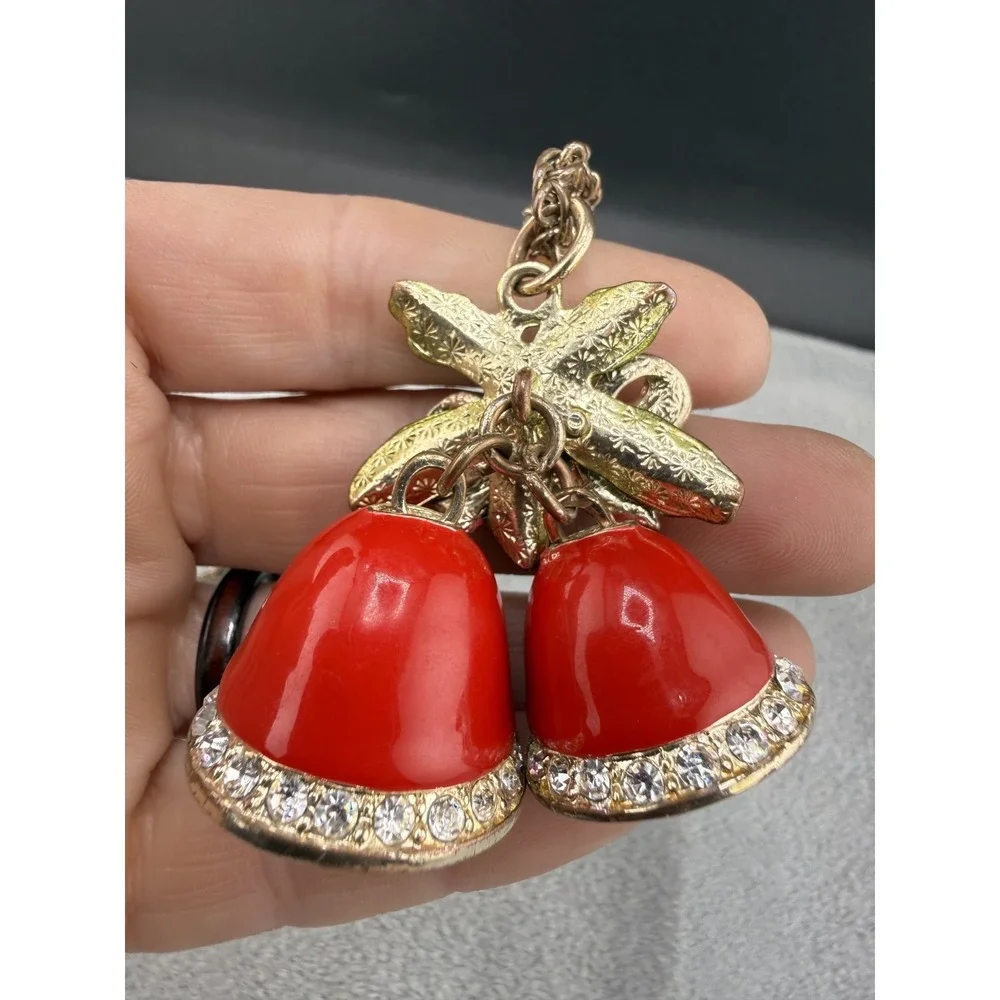 Christmas Bell Necklace Red Enamel Green Leaf‎ Rhinestone Gold Tone 32